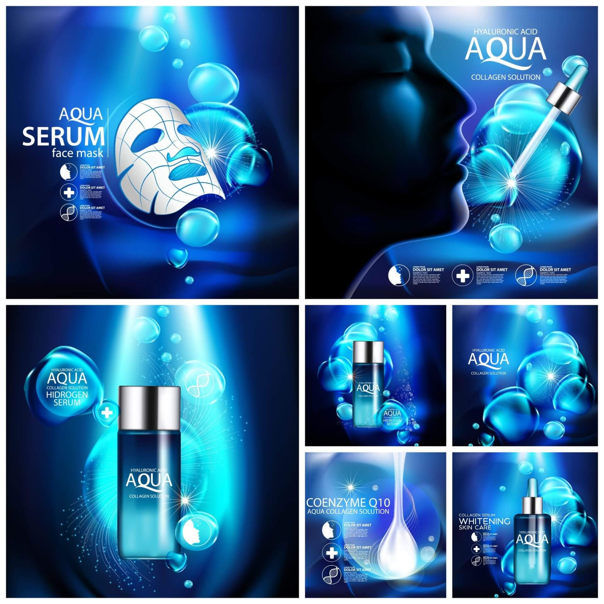 高端蓝色系海洋气泡化妆品护肤产品海报主图AI矢量设计素材模板