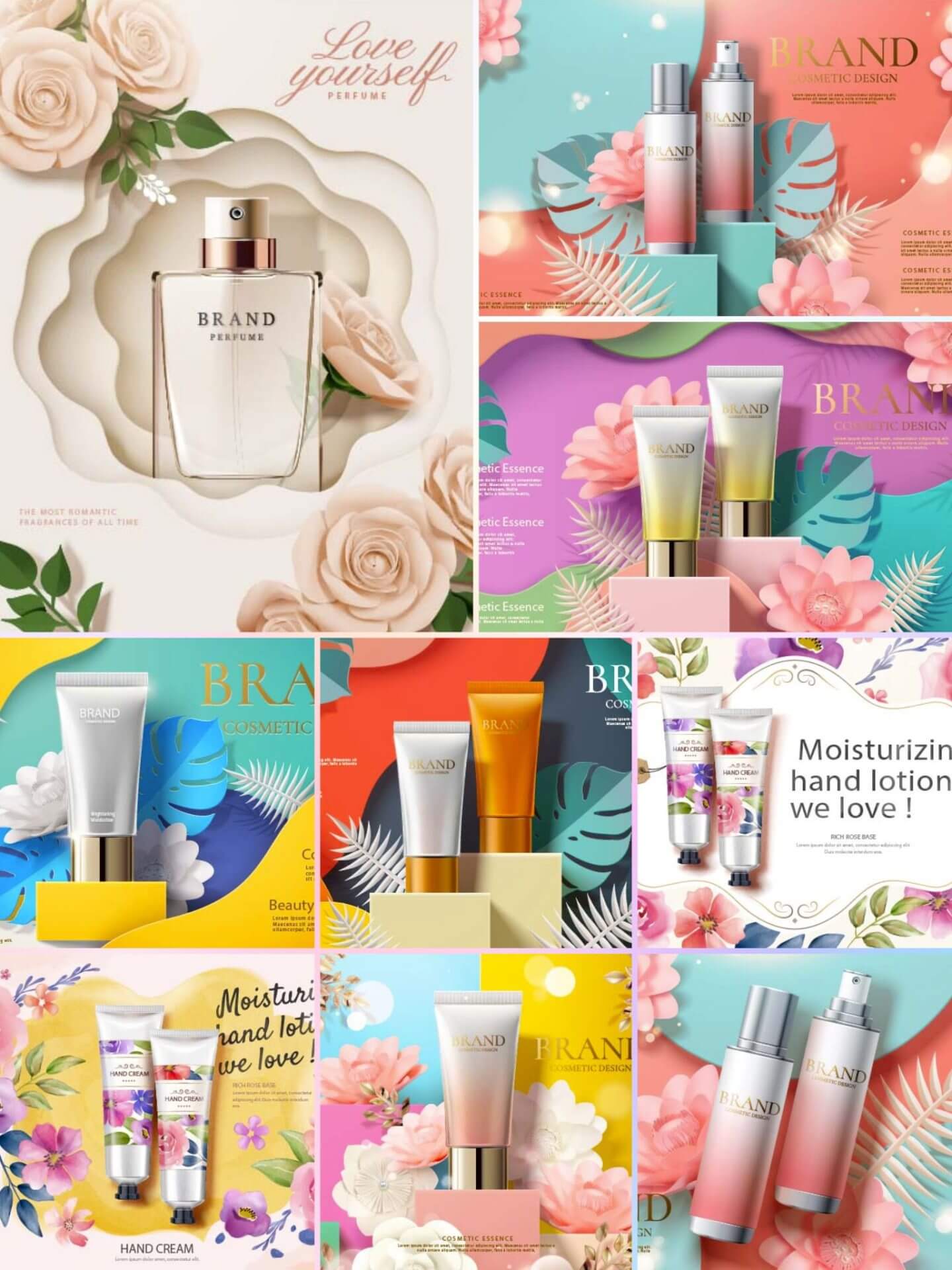 创意时尚大气剪纸风立体花卉化妆品产品展示背景海报AI矢量素材