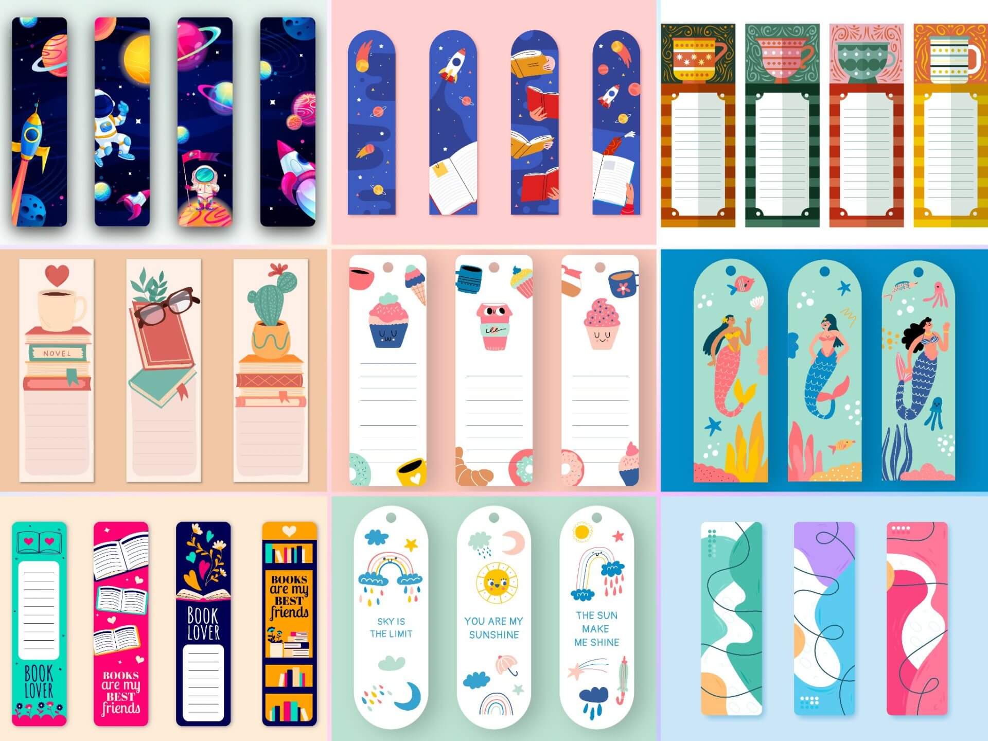 35款卡通手绘宇航员太空花卉人物儿童学生书签便签AI矢量设计素材
