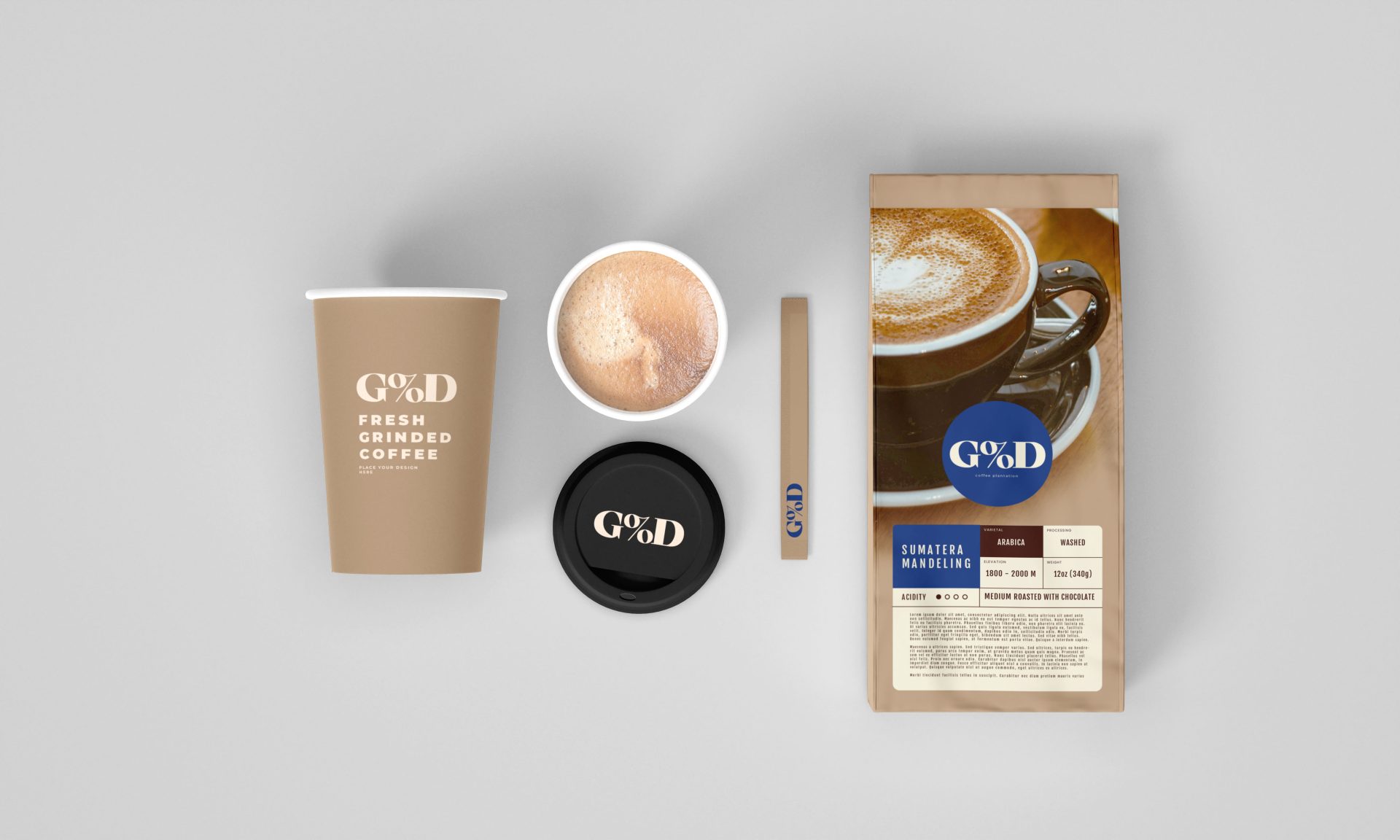 创意咖啡品牌包装袋纸袋自封袋纸杯吸管茶杯样机贴图 第175期
