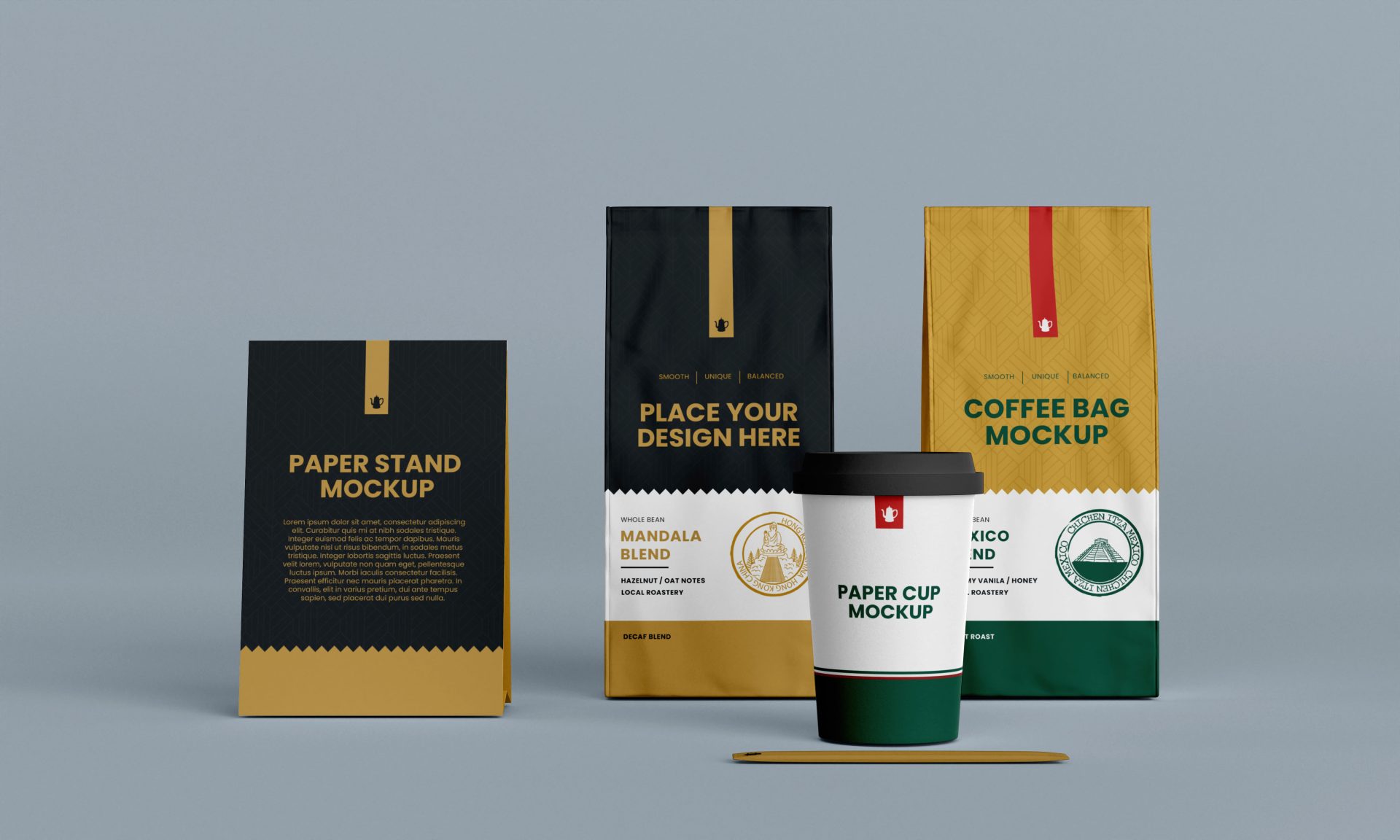 创意咖啡品牌包装袋纸袋自封袋纸杯吸管茶杯样机贴图 第175期