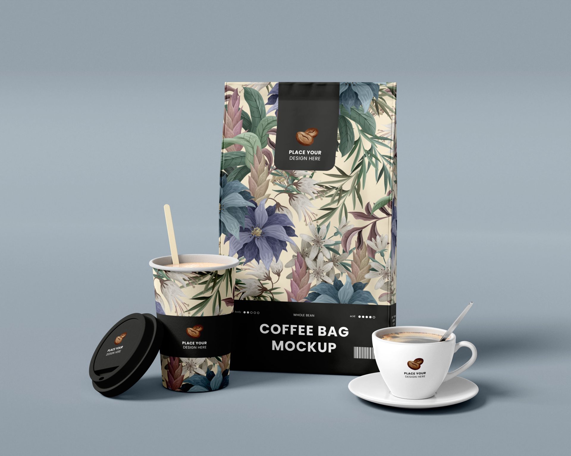 创意咖啡品牌包装袋纸袋自封袋纸杯吸管茶杯样机贴图 第175期