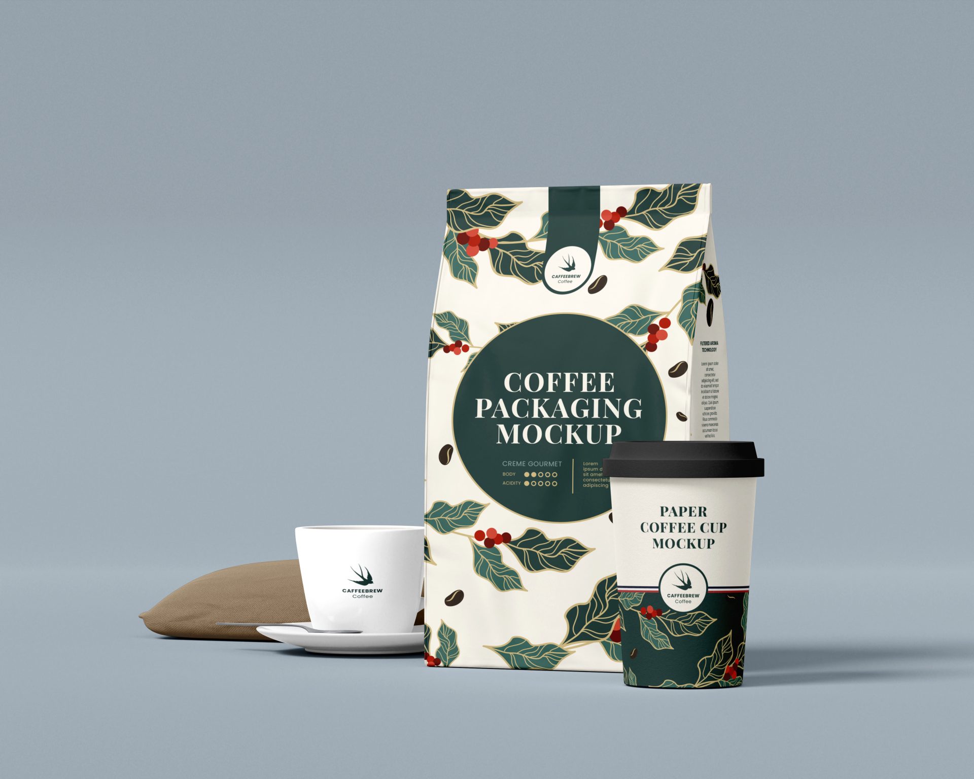 创意咖啡品牌包装袋纸袋自封袋纸杯吸管茶杯样机贴图 第175期