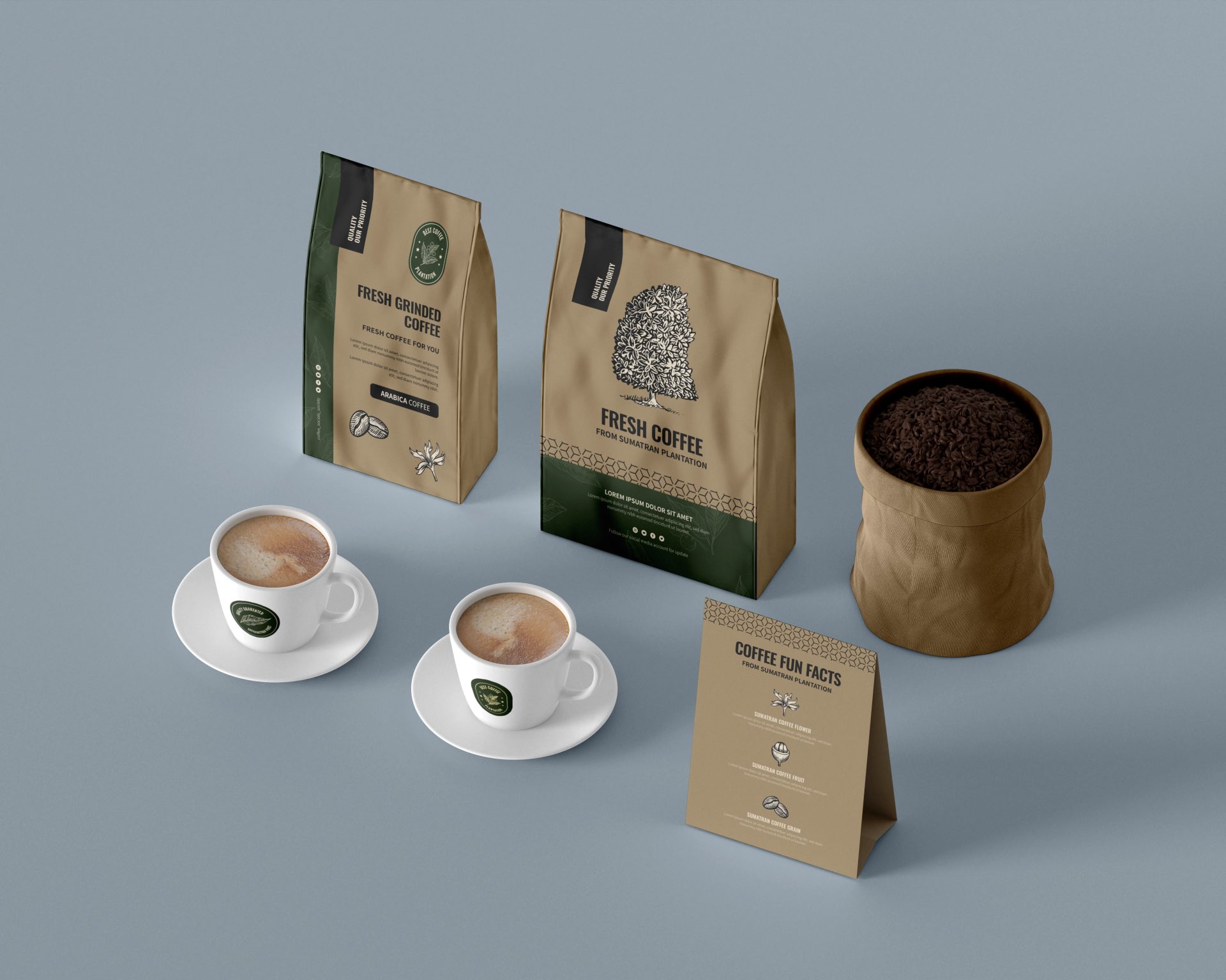 创意咖啡品牌包装袋纸袋自封袋纸杯吸管茶杯样机贴图 第175期