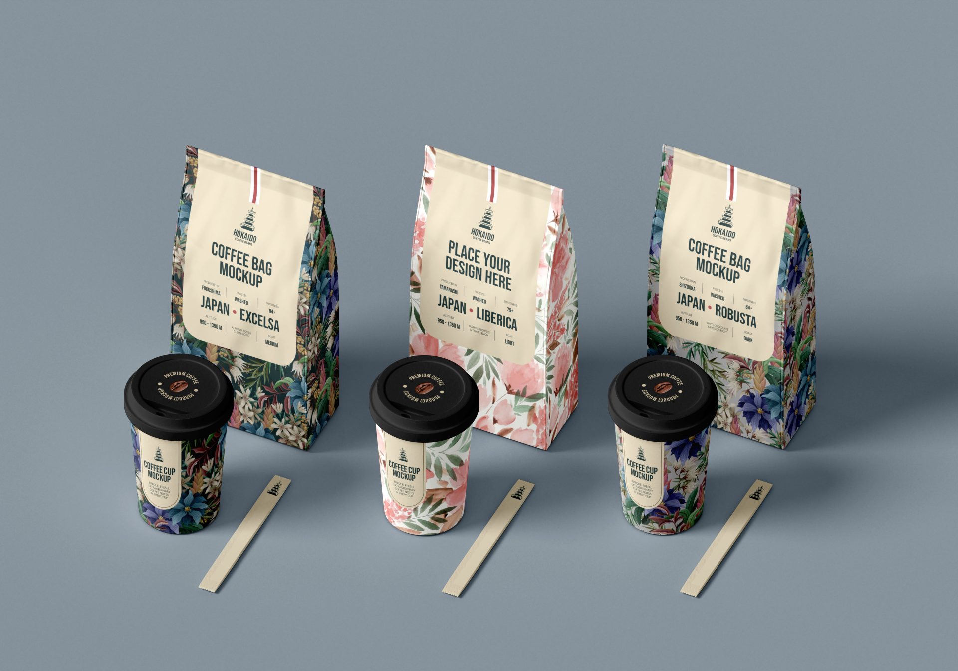 创意咖啡品牌包装袋纸袋自封袋纸杯吸管茶杯样机贴图 第175期
