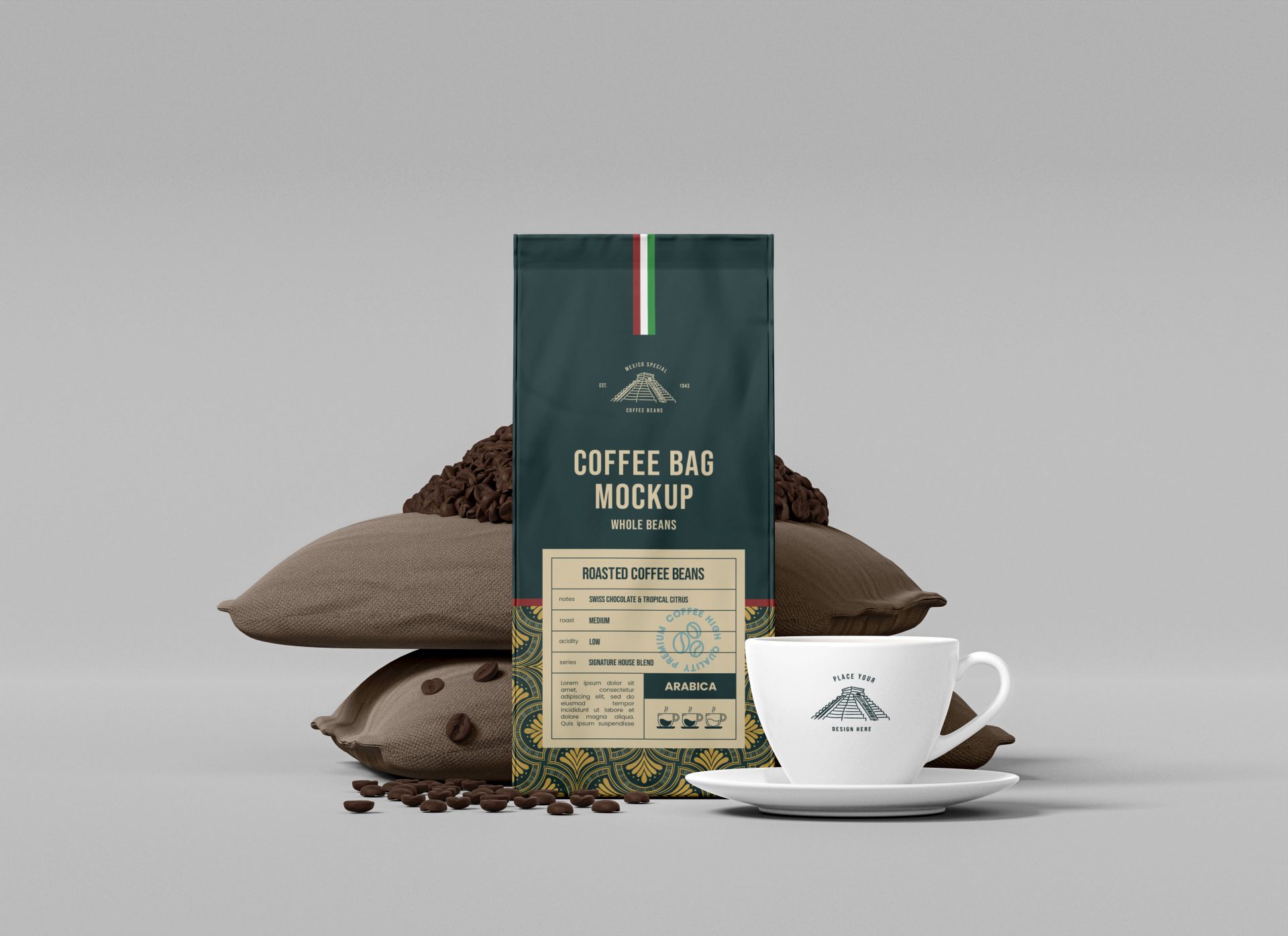 创意咖啡品牌包装袋纸袋自封袋纸杯吸管茶杯样机贴图 第175期