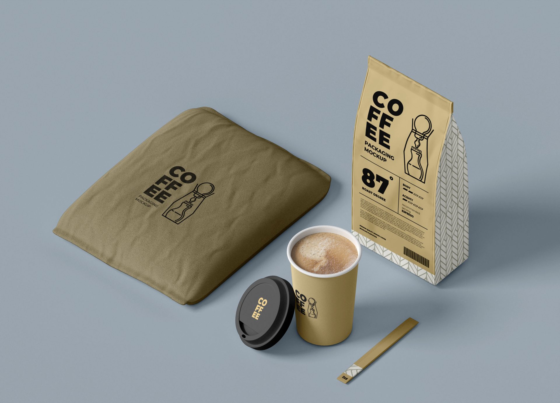 创意咖啡品牌包装袋纸袋自封袋纸杯吸管茶杯样机贴图 第175期