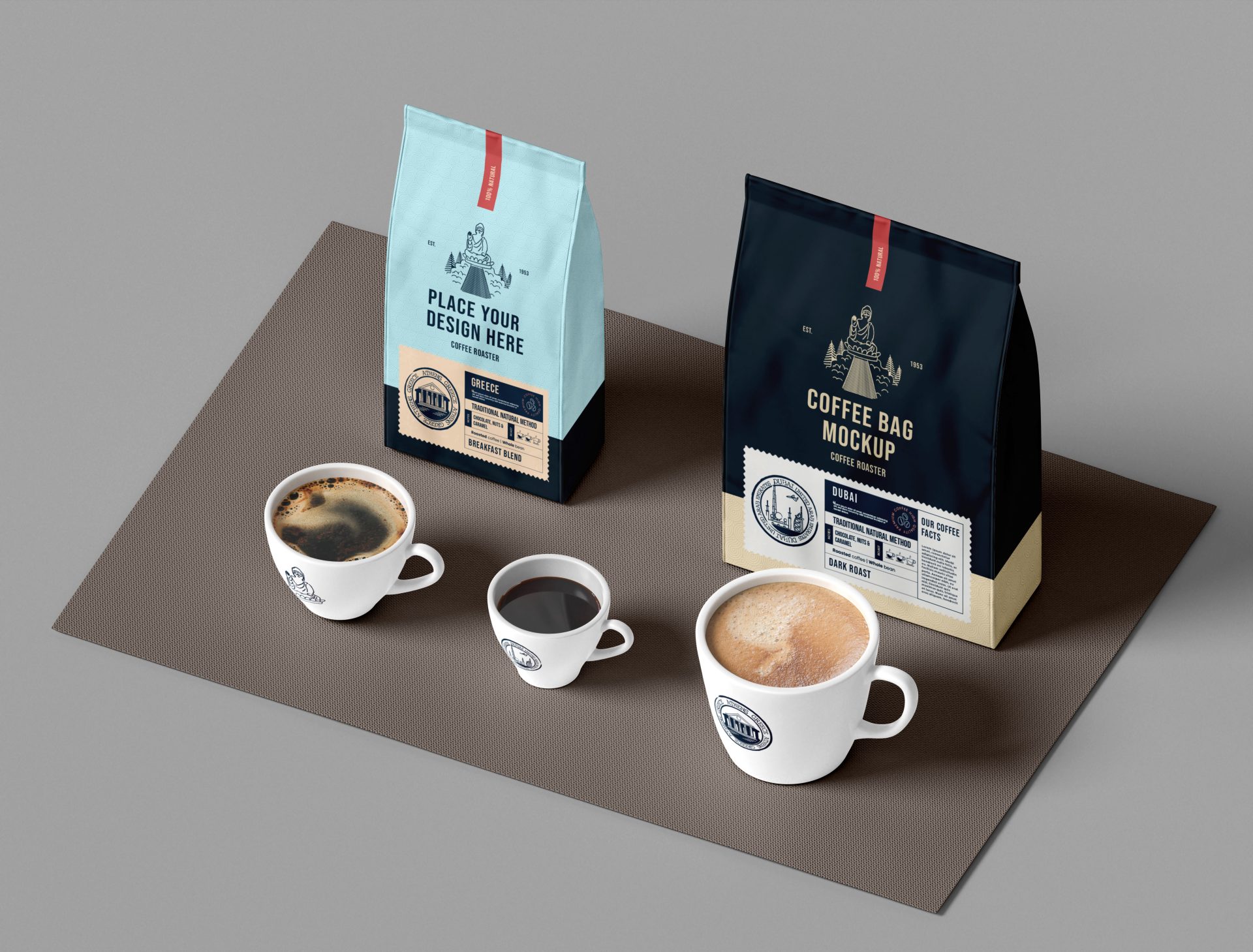 创意咖啡品牌包装袋纸袋自封袋纸杯吸管茶杯样机贴图 第175期