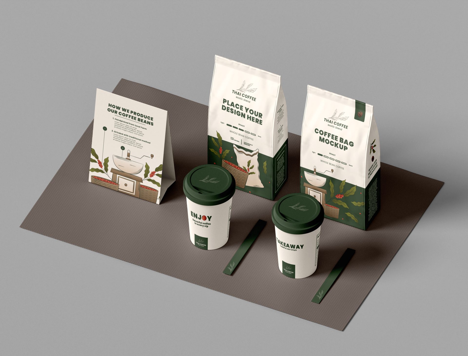 创意咖啡品牌包装袋纸袋自封袋纸杯吸管茶杯样机贴图 第175期