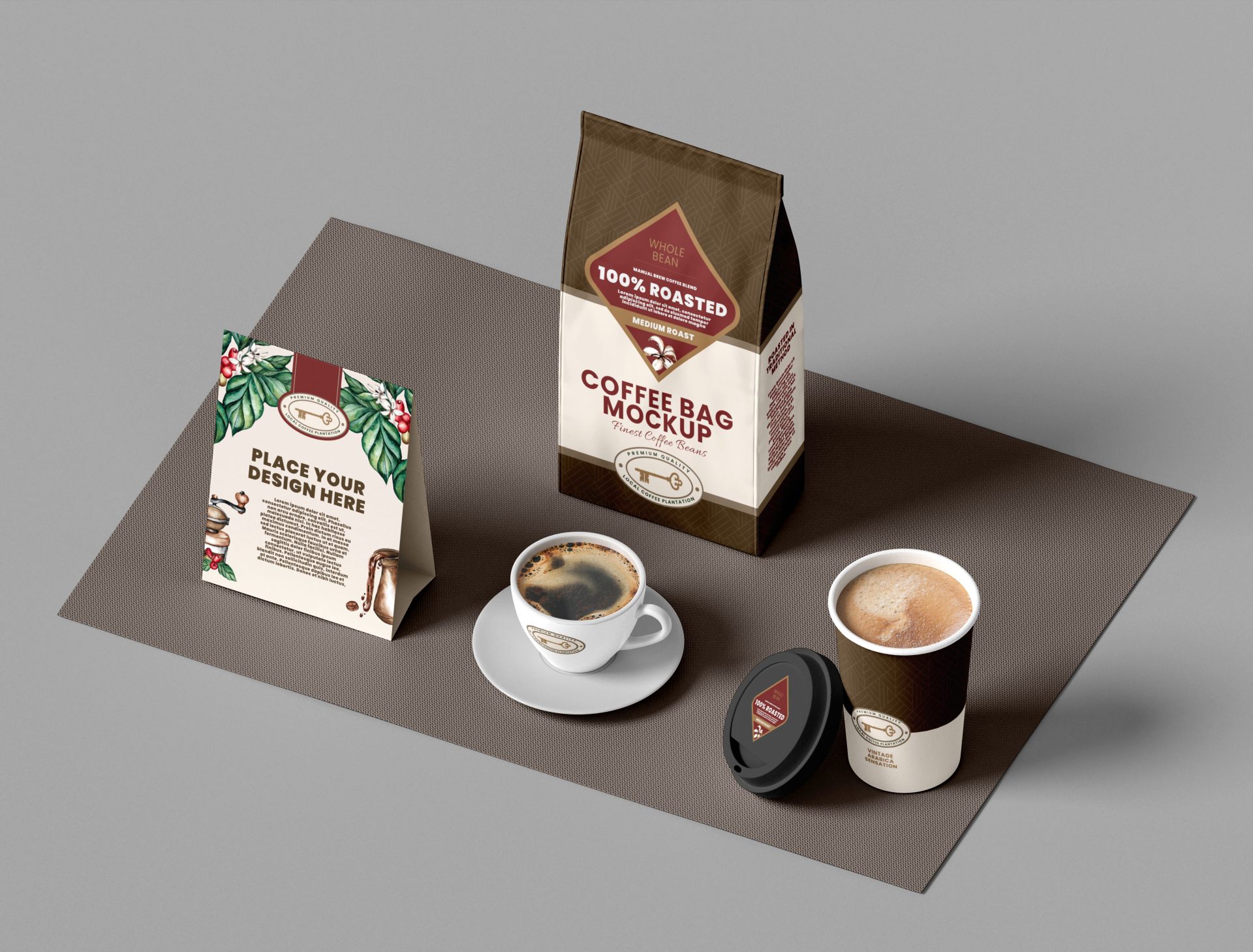 创意咖啡品牌包装袋纸袋自封袋纸杯吸管茶杯样机贴图 第175期